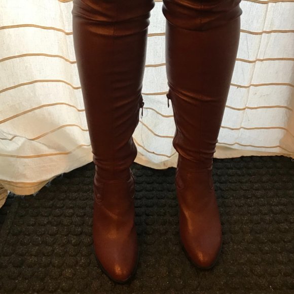 NEW Plus Size Dark Red Thigh High Boots SZ 10 Faux leather Over the knee Forever - Picture 3 of 8